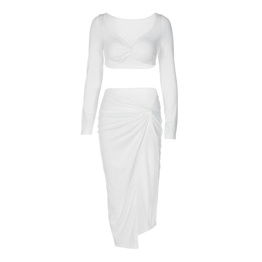 Tight High Waist Slit Skirt Two-piece Set