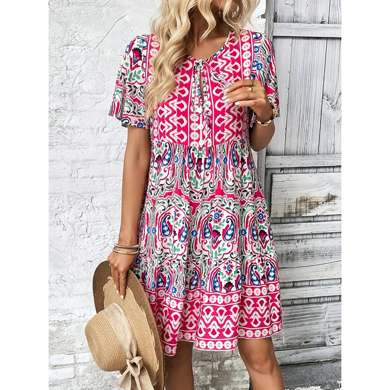 Women Casual Summer Dress Boho Drawstring V Neck Short Sleeve Floral Print Flowy Beach Dress