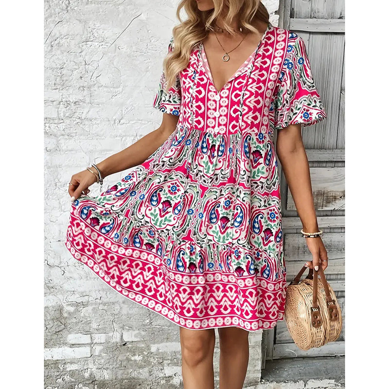 Women Casual Summer Dress Boho Drawstring V Neck Short Sleeve Floral Print Flowy Beach Dress