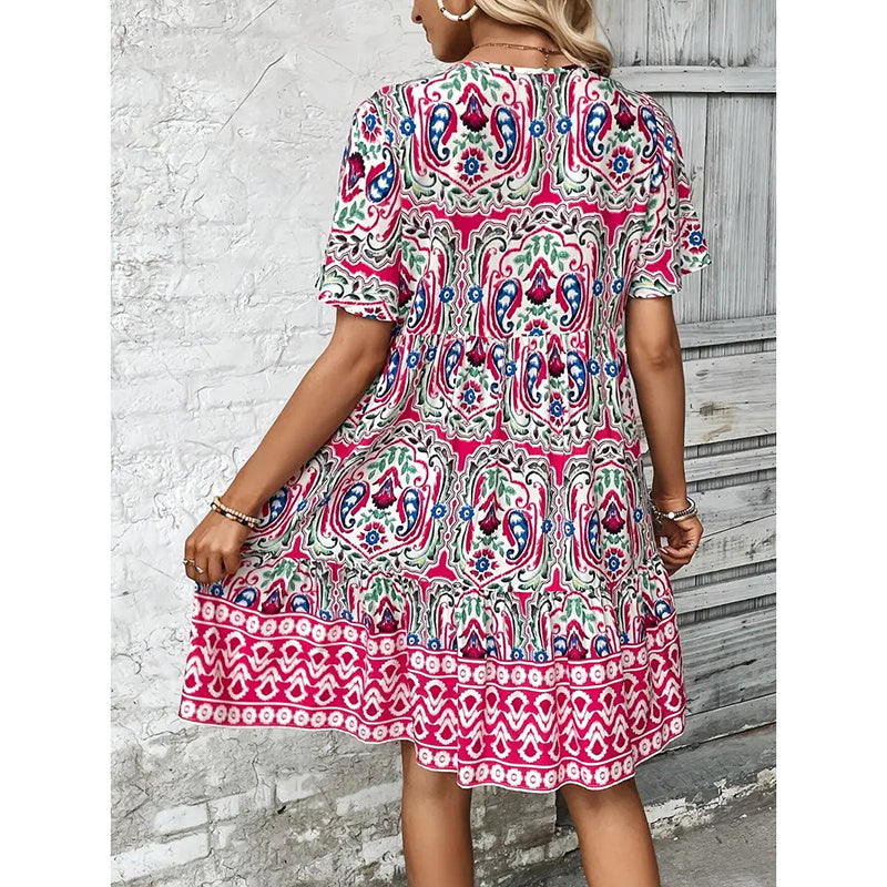 Women Casual Summer Dress Boho Drawstring V Neck Short Sleeve Floral Print Flowy Beach Dress