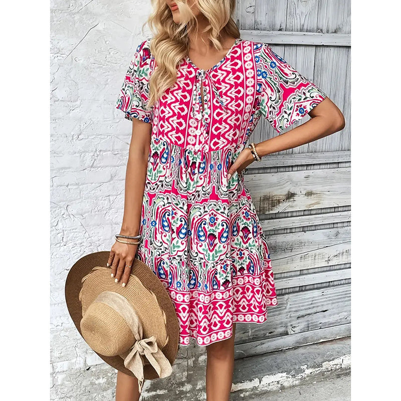 Women Casual Summer Dress Boho Drawstring V Neck Short Sleeve Floral Print Flowy Beach Dress